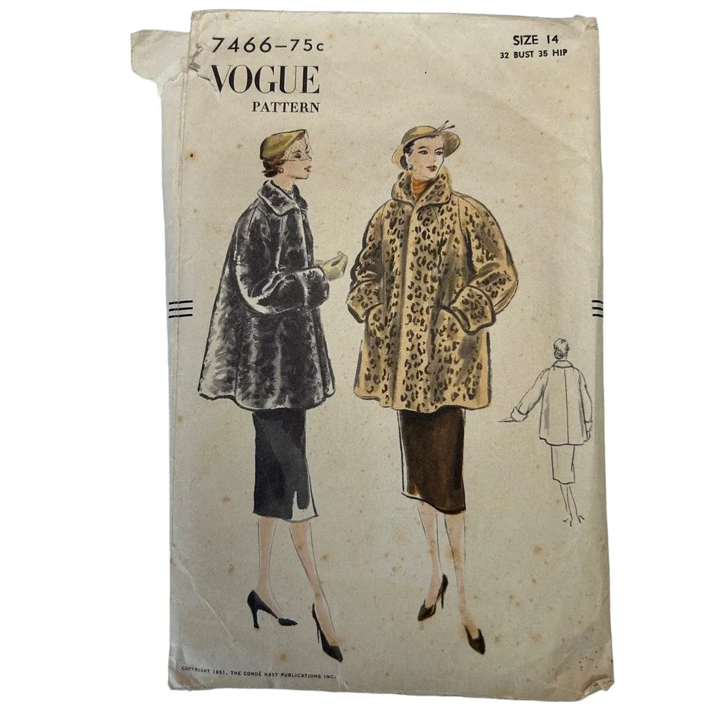 Vogue‎ Vintage 1950's Pattern #7466 Women's Coat Size 14 HTF RARE